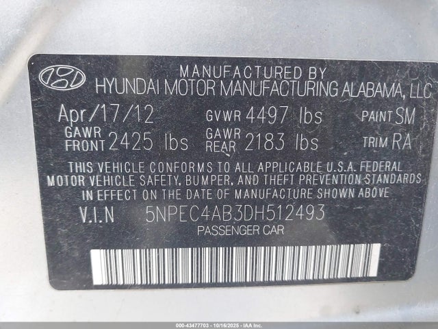 Продажа на аукционе авто 2013 Hyundai Sonata Limited 2.0t, vin: 5NPEC4AB3DH512493, номер лота: 43477703