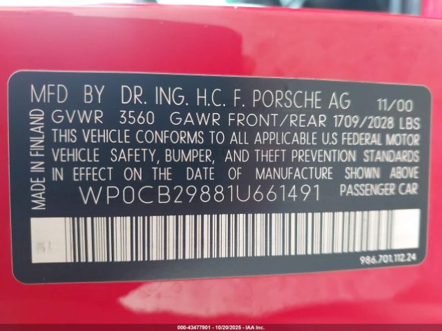 2001 PORSCHE BOXSTER WP0CB29881U661491 Photo 8