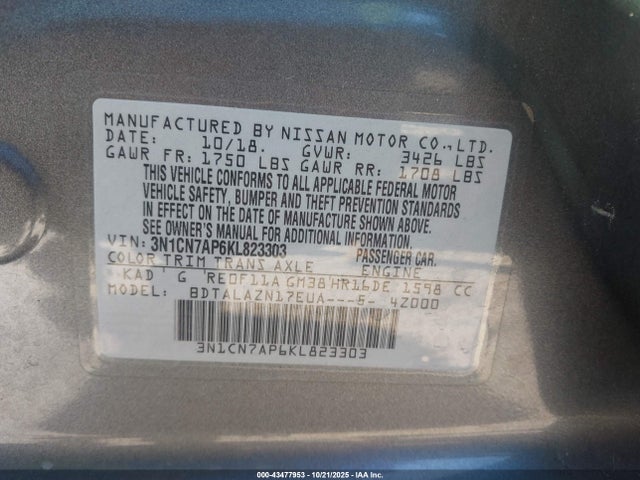Aukcja sprzedaży 2019 Nissan Versa 1.6 S+, vin: 3N1CN7AP6KL823303, numer aukcji: 43477953