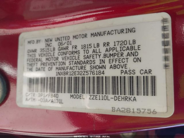 2002 TOYOTA COROLLA 1NXBR12E32Z576184 Photo 8