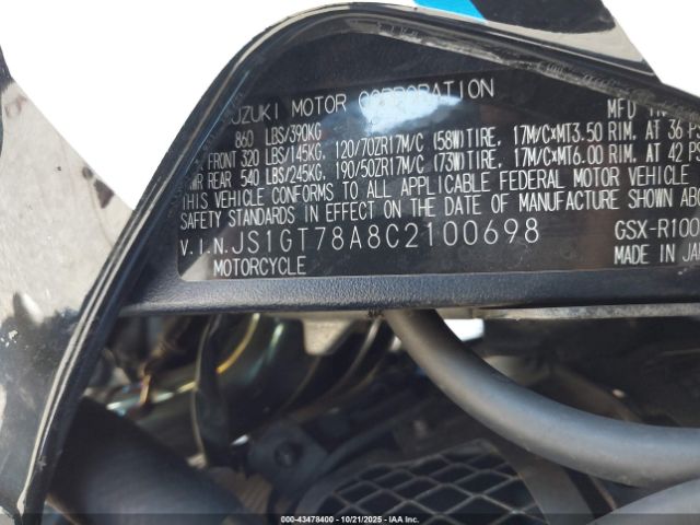 2012 SUZUKI GSX-R1000 JS1GT78A8C2100698 Photo 9