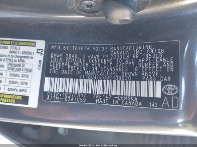 2009 TOYOTA COROLLA 2T1BU40E09C109030 Photo 8