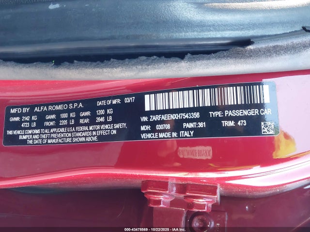 2017 ALFA ROMEO GIULIA ZARFAEENXH7543356 Photo 8