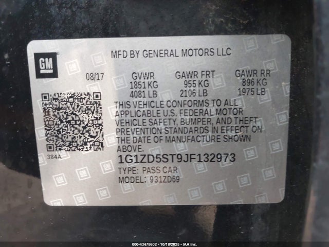 43478602 :رقم المزاد ، 1G1ZD5ST9JF132973 vin ، 2018 Chevrolet Malibu Lt مزاد بيع
