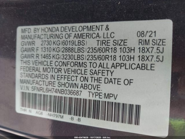 2022 HONDA ODYSSEY 5FNRL6H74NB036687 Photo 8