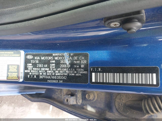2017 Kia Forte Lx მანქანა იყიდება აუქციონზე, vin: 3KPFK4A74HE080042, აუქციონის ნომერი: 43478933