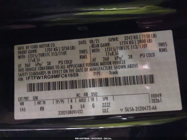 1FTFW1RG9MFC61659 Ford F-150 Raptor