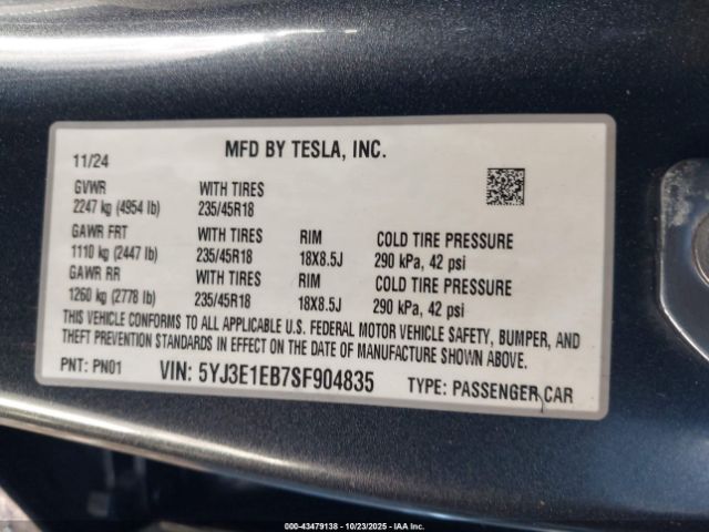 2025 TESLA MODEL 3 5YJ3E1EB7SF904835 Photo 8