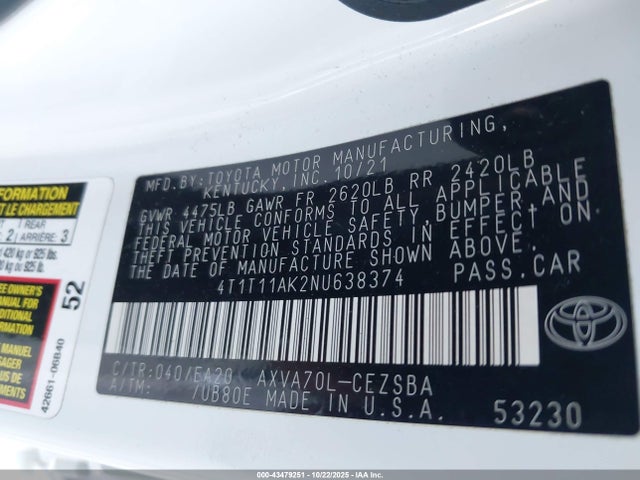 43479251 :رقم المزاد ، 4T1T11AK2NU638374 vin ، 2022 Toyota Camry Se مزاد بيع
