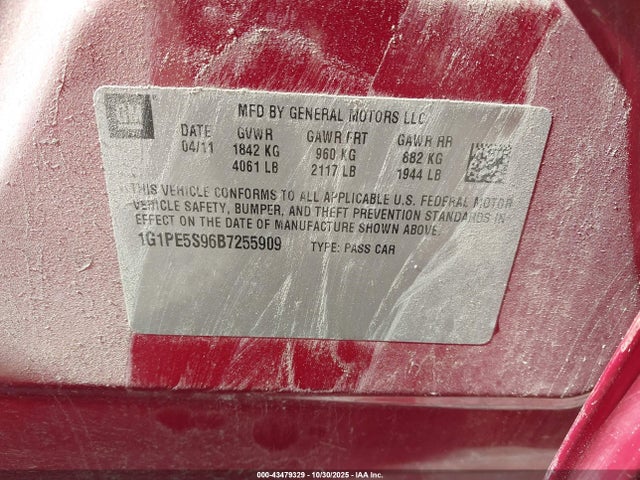 43479329 :رقم المزاد ، 1G1PE5S96B7255909 vin ، 2011 Chevrolet Cruze Lt مزاد بيع