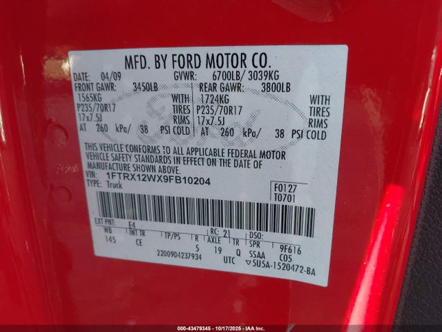 Aukcja sprzedaży 2009 Ford F-150 Stx/xl, vin: 1FTRX12WX9FB10204, numer aukcji: 43479345