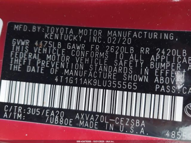 2020 TOYOTA CAMRY 4T1G11AK9LU355565 Photo 8