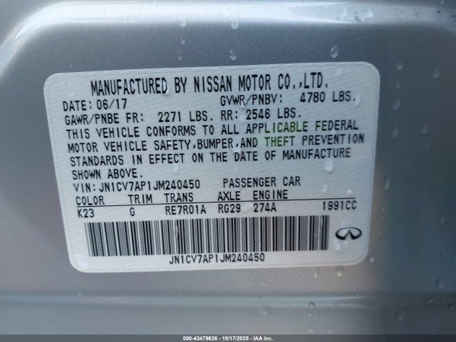 Aukcja sprzedaży 2018 Infiniti Q50 2.0t Pure, vin: JN1CV7AP1JM240450, numer aukcji: 43479626