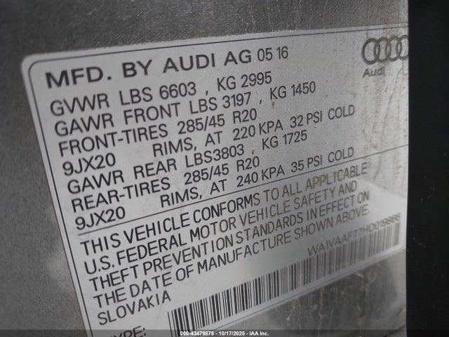 Продаж на аукціоні авто 2017 Audi Q7 3.0t Premium, vin: WA1VAAF77HD019866, номер лоту: 43479875