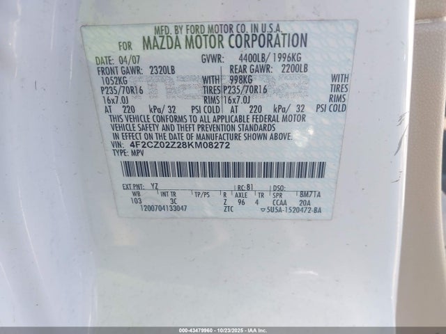 Aukcja sprzedaży 2008 Mazda Tribute I Sport, vin: 4F2CZ02Z28KM08272, numer aukcji: 43479960