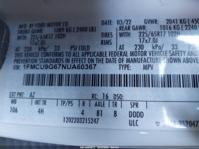 2022 FORD ESCAPE 1FMCU9G67NUA60367 Photo 8