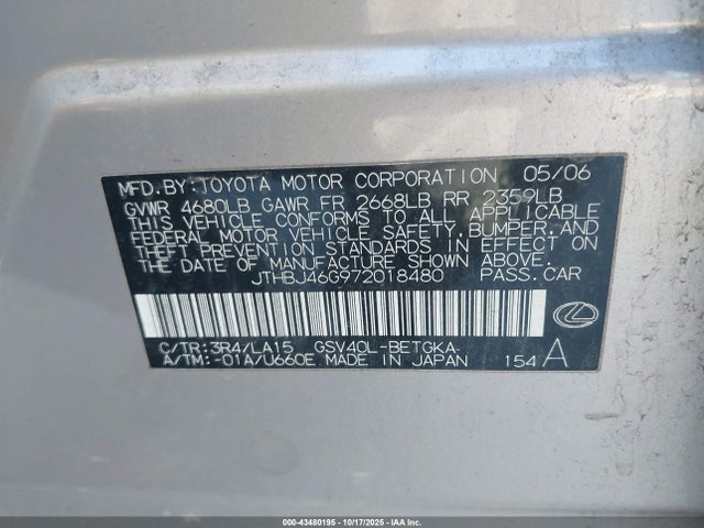 Aukcja sprzedaży 2007 Lexus Es 350, vin: JTHBJ46G972018480, numer aukcji: 43480195