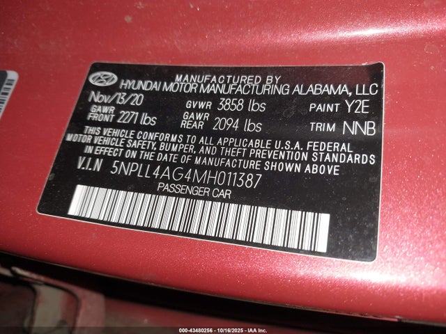 5NPLL4AG4MH011387 Hyundai ELANTRA SE