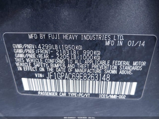 43480321 :رقم المزاد ، JF1GPAC69E8263148 vin ، 2014 Subaru Impreza 2.0i Premium مزاد بيع