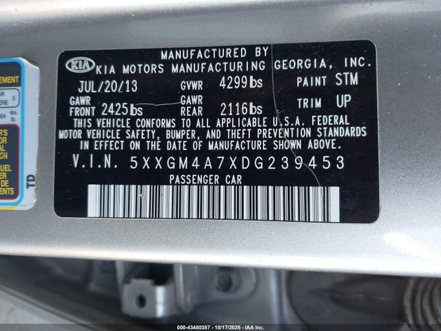 Aukcja sprzedaży 2013 Kia Optima Lx, vin: 5XXGM4A7XDG239453, numer aukcji: 43480387