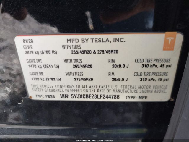 2020 TESLA MODEL X 5YJXCBE28LF244786 Photo 8
