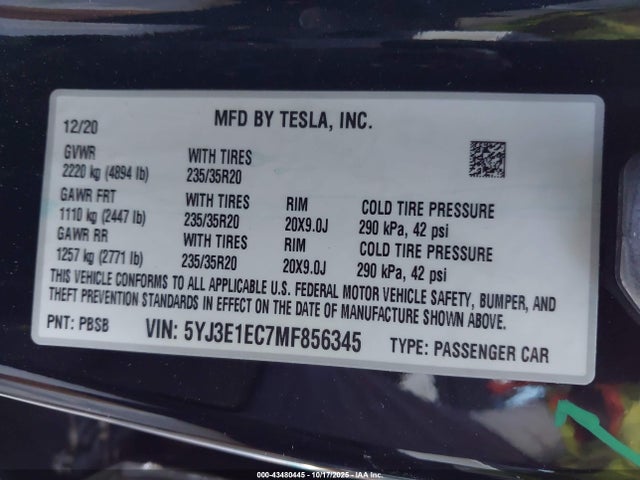 2021 TESLA MODEL 3 5YJ3E1EC7MF856345 Photo 8