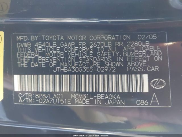 2005 LEXUS ES 330 JTHBA30G355102972 Photo 8