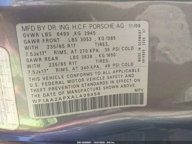2010 PORSCHE CAYENNE WP1AA2APXALA09456 Photo 8
