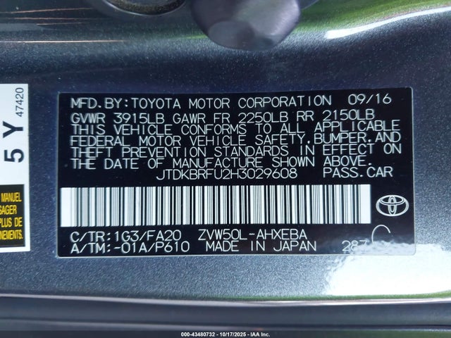 Toyota 2zr-fxe,1nm 2017 JTDKBRFU2H3029608 Image 9