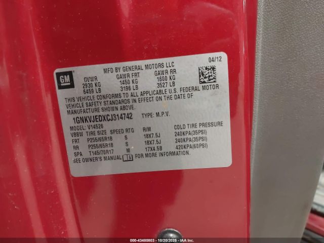 2012 CHEVROLET TRAVERSE 1GNKVJEDXCJ314742 Photo 8