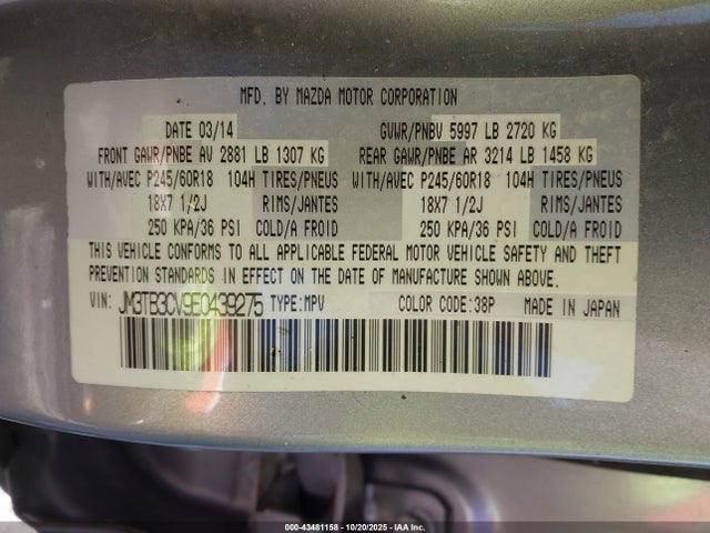 Продаж на аукціоні авто 2014 Mazda Cx-9 Touring, vin: JM3TB3CV9E0439275, номер лоту: 43481158