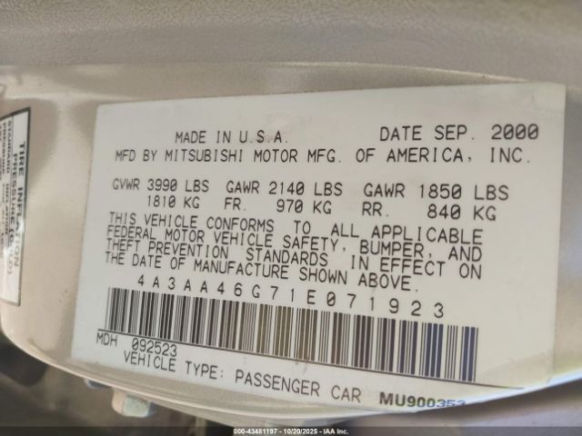 2001 MITSUBISHI GALANT 4A3AA46G71E071923 Photo 8