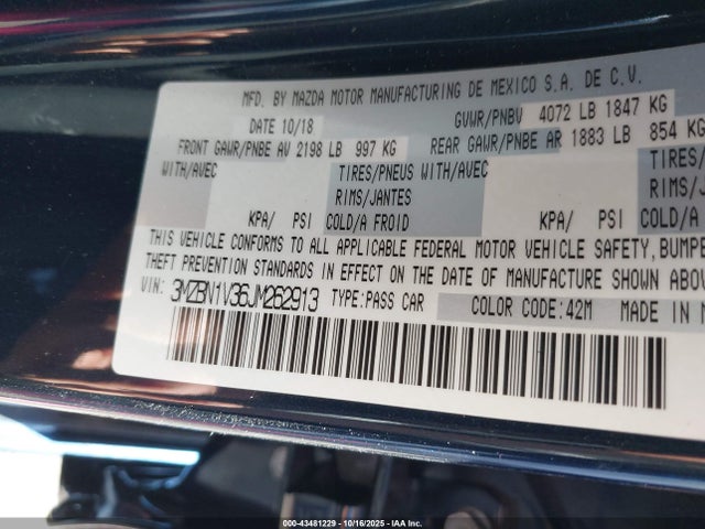 Aukcja sprzedaży 2018 Mazda Mazda3 Touring, vin: 3MZBN1V36JM262913, numer aukcji: 43481229