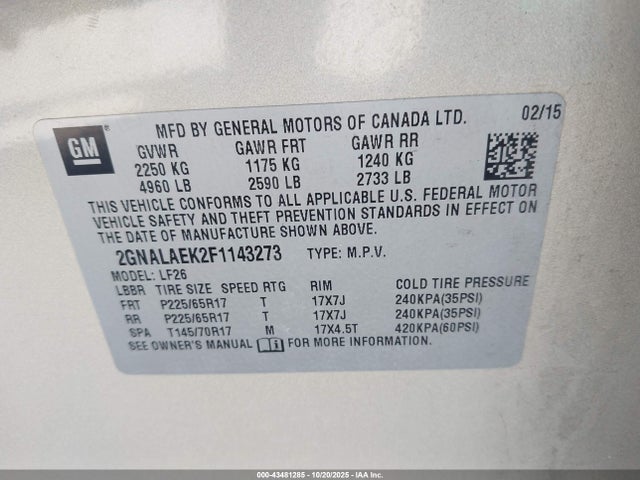 2015 Chevrolet Equinox Ls მანქანა იყიდება აუქციონზე, vin: 2GNALAEK2F1143273, აუქციონის ნომერი: 43481285