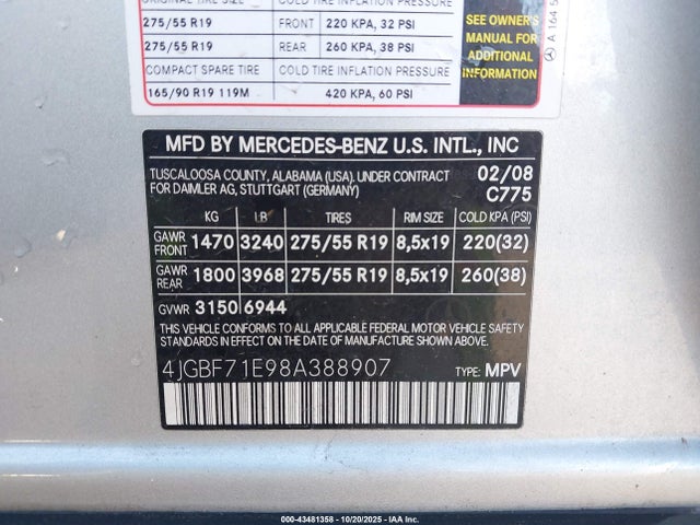 Продажа на аукционе авто 2008 Mercedes-benz Gl 450 4matic, vin: 4JGBF71E98A388907, номер лота: 43481358