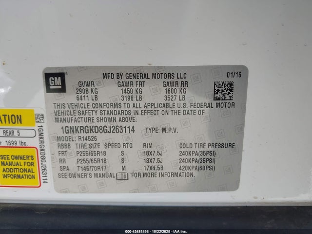 1GNKRGKD8GJ263114 Chevrolet Traverse 1lt