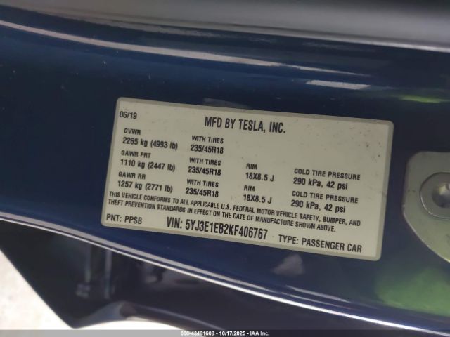 2019 TESLA MODEL 3 5YJ3E1EB2KF406767 Photo 8