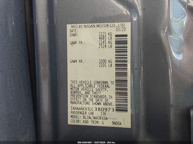 Nissan Maxima Sv Xtronic Cvt 2020 1N4AA6CV3LC380973 Image 9