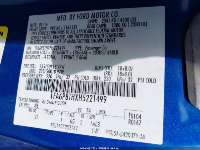 2017 FORD MUSTANG 1FA6P8THXH5221499 Photo 8