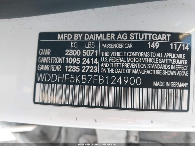 2015 Mercedes-benz E 350 მანქანა იყიდება აუქციონზე, vin: WDDHF5KB7FB124900, აუქციონის ნომერი: 43481825