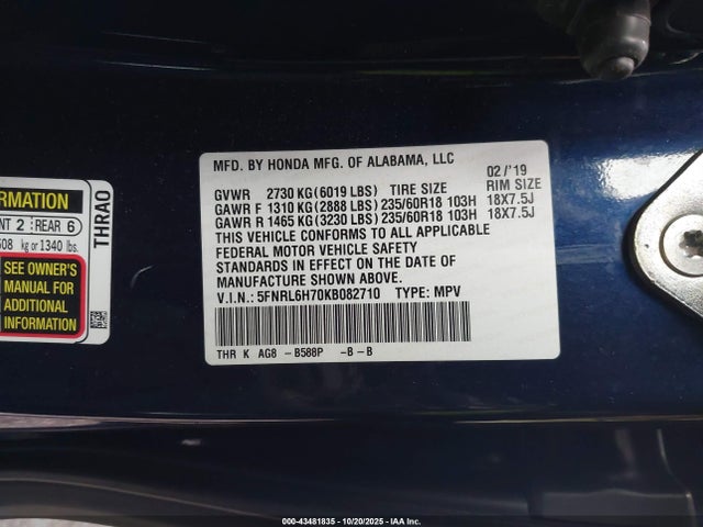 43481835 :رقم المزاد ، 5FNRL6H70KB082710 vin ، 2019 Honda Odyssey Ex-l مزاد بيع