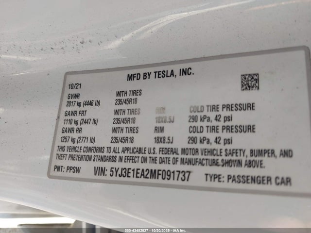 2021 TESLA MODEL 3 5YJ3E1EA2MF091737 Photo 8