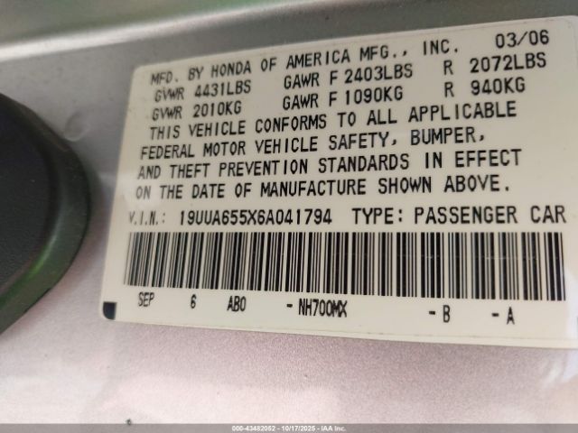 2006 ACURA TL 19UUA655X6A041794 Photo 8