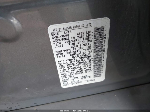 JN8AT2MV7GW136117 Nissan ROGUE SV