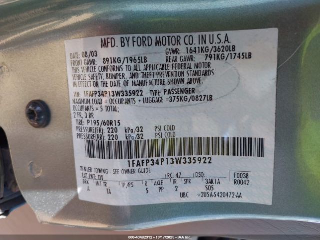 2003 FORD FOCUS 1FAFP34P13W335922 Photo 8