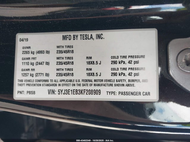 Aukcja sprzedaży 2019 Tesla Model 3 Long Range/performance, vin: 5YJ3E1EB3KF208909, numer aukcji: 43482349