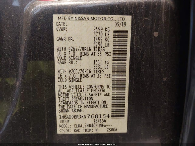 Продаж на аукціоні авто 2019 Nissan Frontier Sv, vin: 1N6AD0ER3KN768154, номер лоту: 43482387