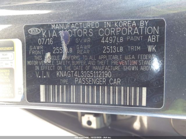 2016 KIA OPTIMA KNAGT4L31G5112190 Photo 8