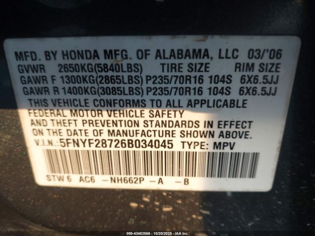 2006 HONDA PILOT 5FNYF28726B034045 Photo 8
