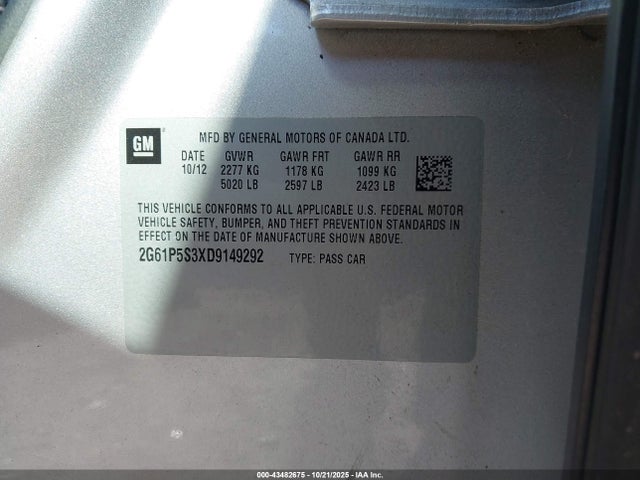43482675 :رقم المزاد ، 2G61P5S3XD9149292 vin ، 2013 Cadillac Xts Luxury مزاد بيع